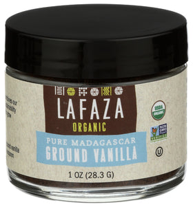 LAFAZA vanilla powder on spoon—precise measurement for coffee and pastries.