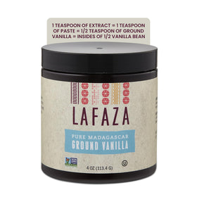 LAFAZA vanilla powder pouring demonstrates versatile use in desserts and beverages.