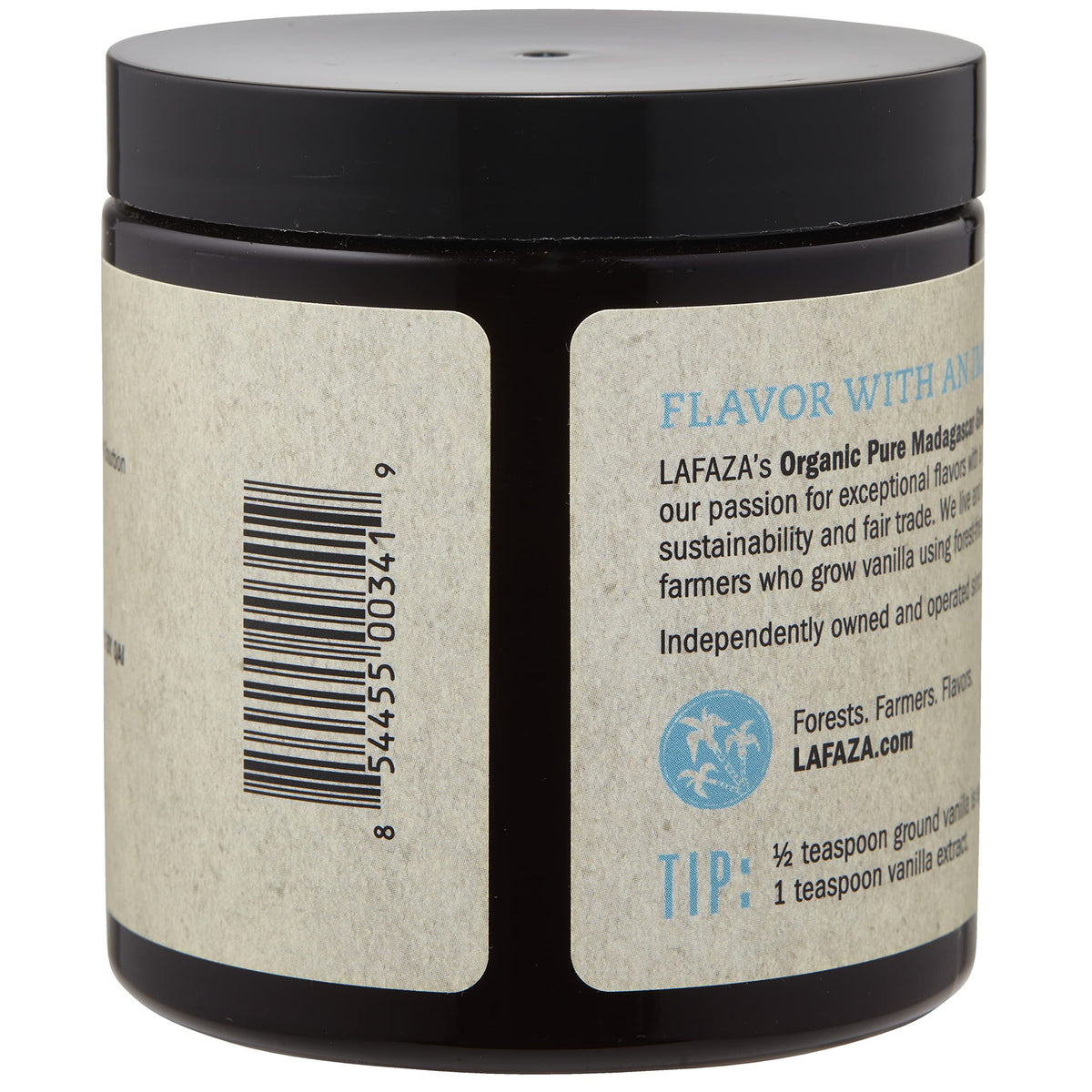LAFAZA vanilla powder scoop reveals convenient measurement for precise recipes.