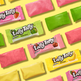 Laffy Taffy jar back label highlights 145-count packaging for bulk snacking.