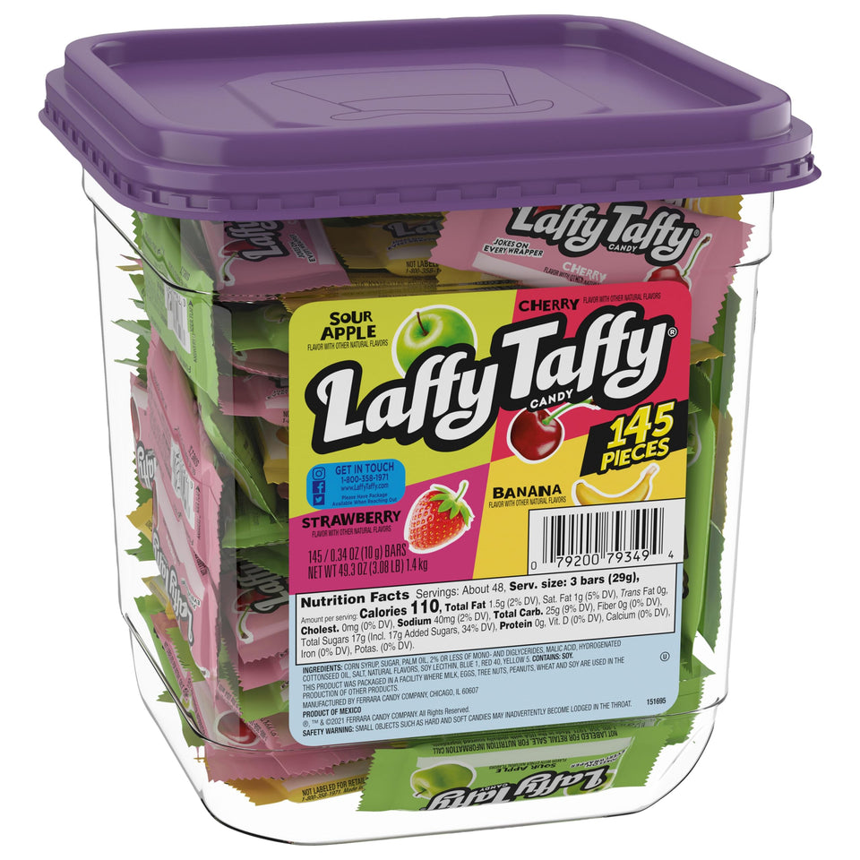 Laffy Taffy jar front view shows colorful assorted flavors, perfect for sharing at parties.