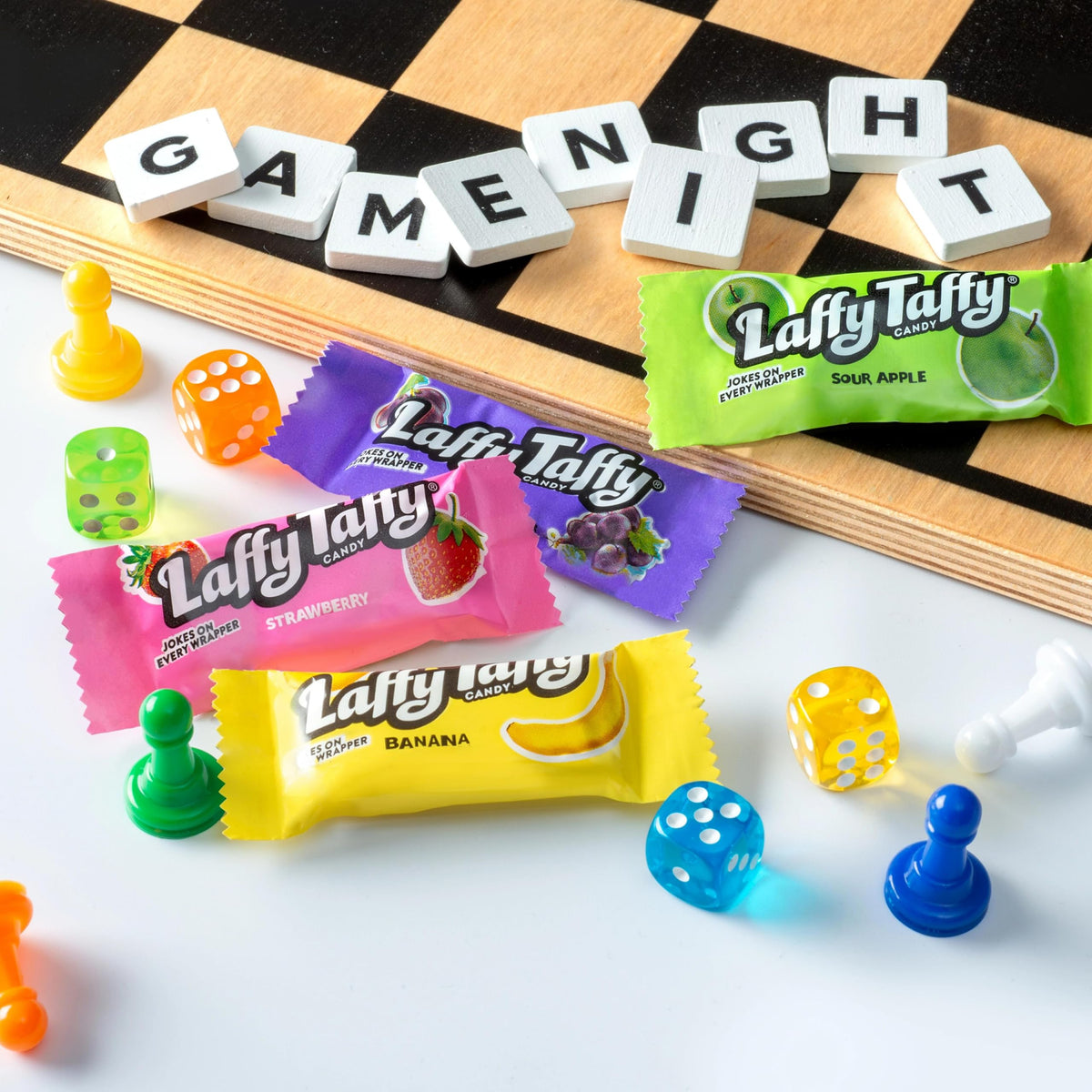 Laffy Taffy wrappers close-up reveals fruity, long-lasting flavors.
