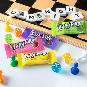 Laffy Taffy wrappers close-up reveals fruity, long-lasting flavors.