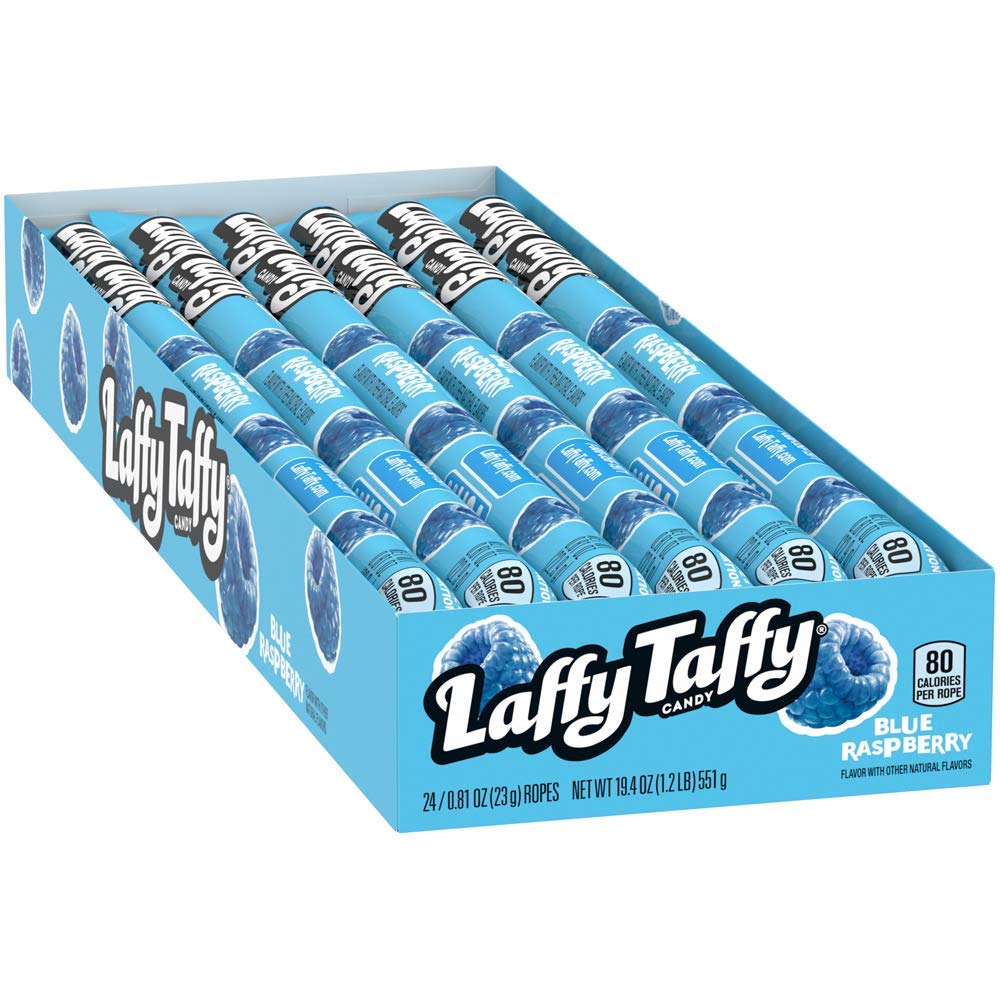 Laffy Taffy Rope Blue Raspberry color-closeup emphasizes bright hue and glossy surface.