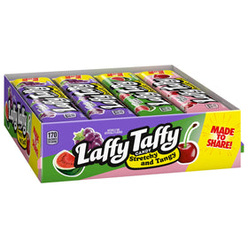 Laffy Taffy grape bar shown with stretchy texture and fruity flavor for a quick snack