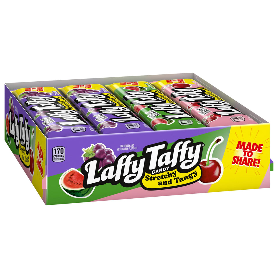 Laffy Taffy grape bar shown with stretchy texture and fruity flavor for a quick snack
