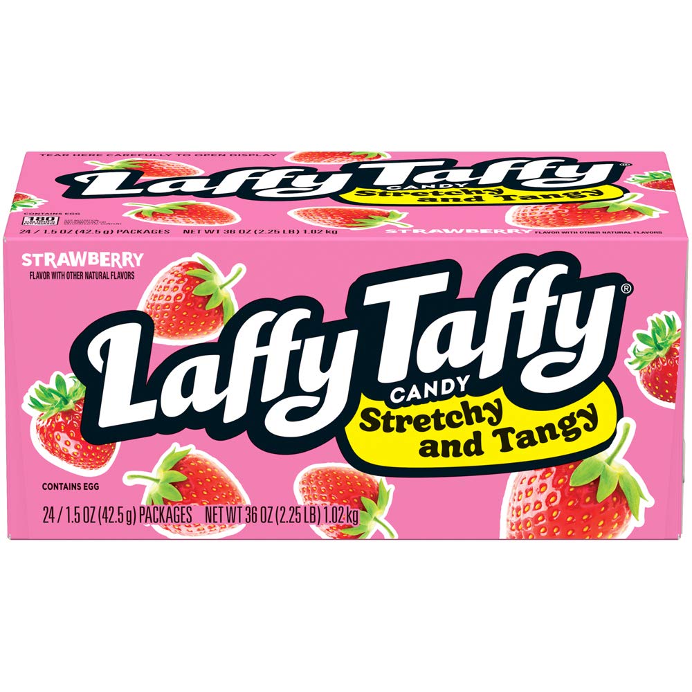 Laffy Taffy Stretchy & Tangy Strawberry candy showing its elastic, chewy texture and strawberry hue.