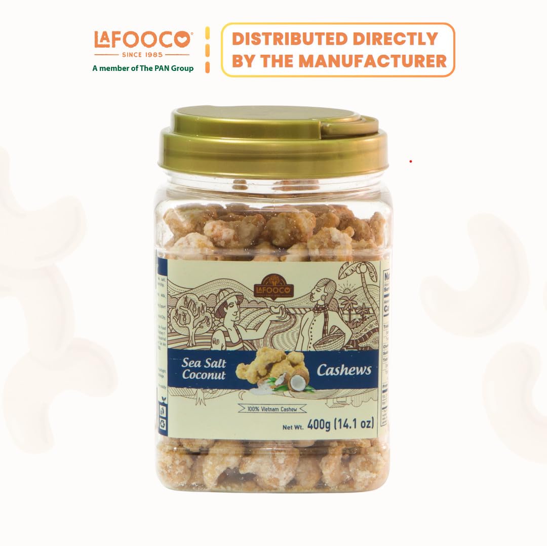 LAFOOCO coconut flakes on premium cashews in a freshly-displayed package.