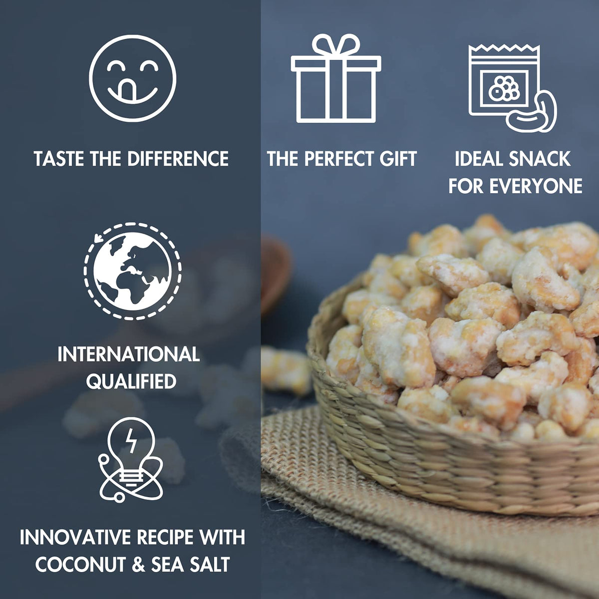 LAFOOCO premium cashews roasted with sea salt and coconut aroma.