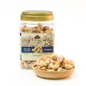 LAFOOCO sea salt coconut cashews in a resealable jar for convenient snacking.