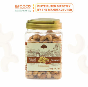 LAFOOCO sea salt caramel cashews closeup, glossy cashews and caramel.