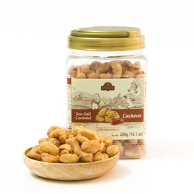 LAFOOCO Sea Salt Caramel Cashews in a jar, convenient snack.