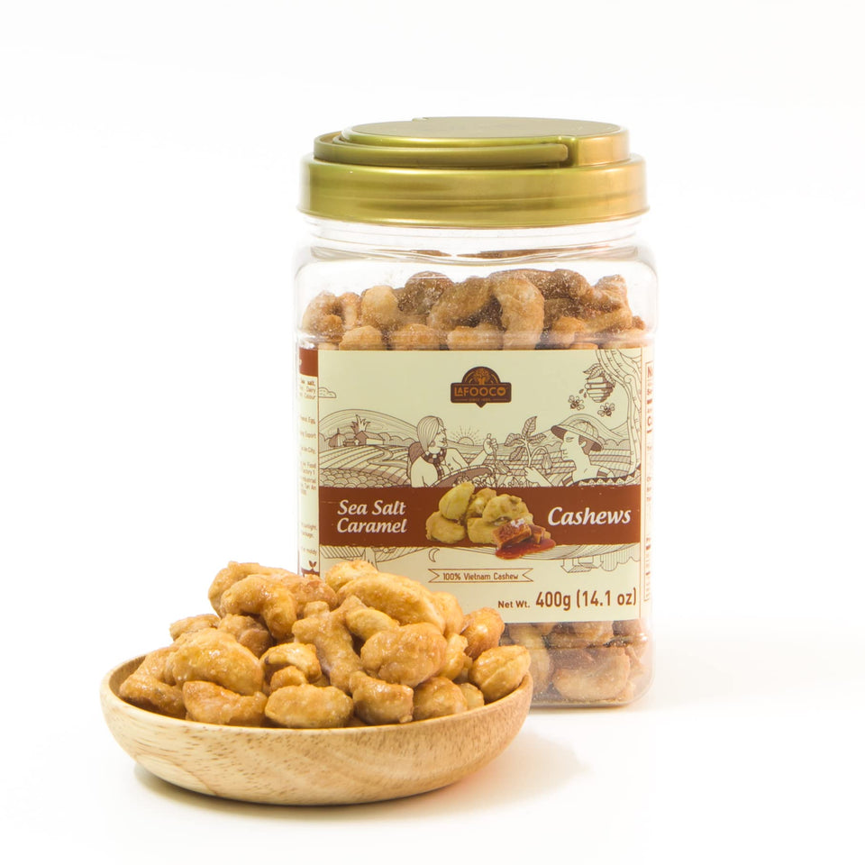 LAFOOCO Sea Salt Caramel Cashews in a jar, convenient snack.