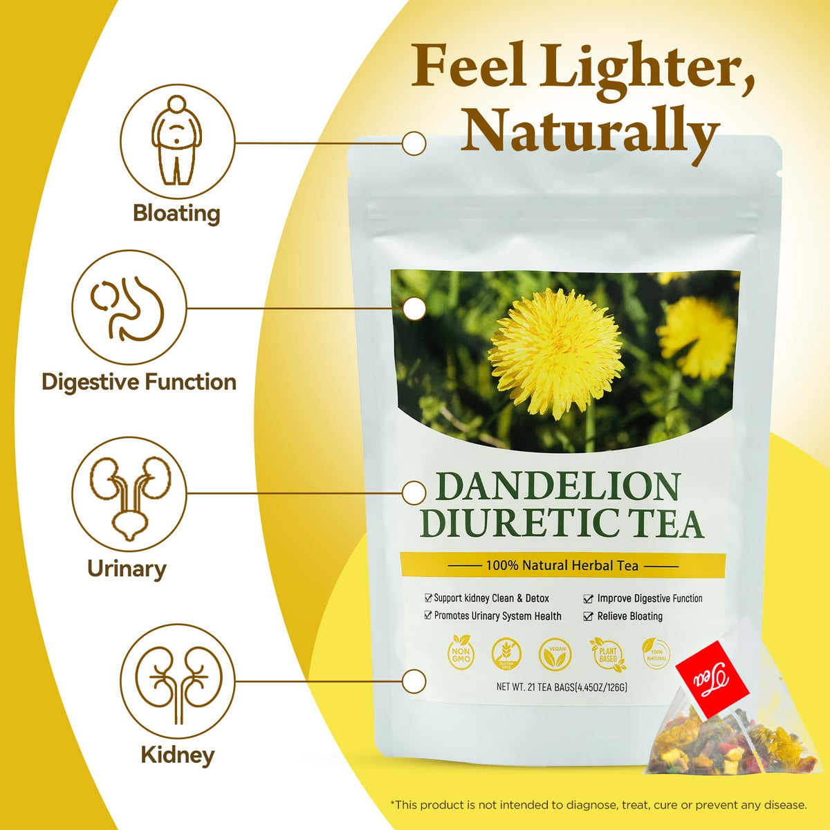 Laicuherb Dandelion Tea packaging highlighting caffeine-free option