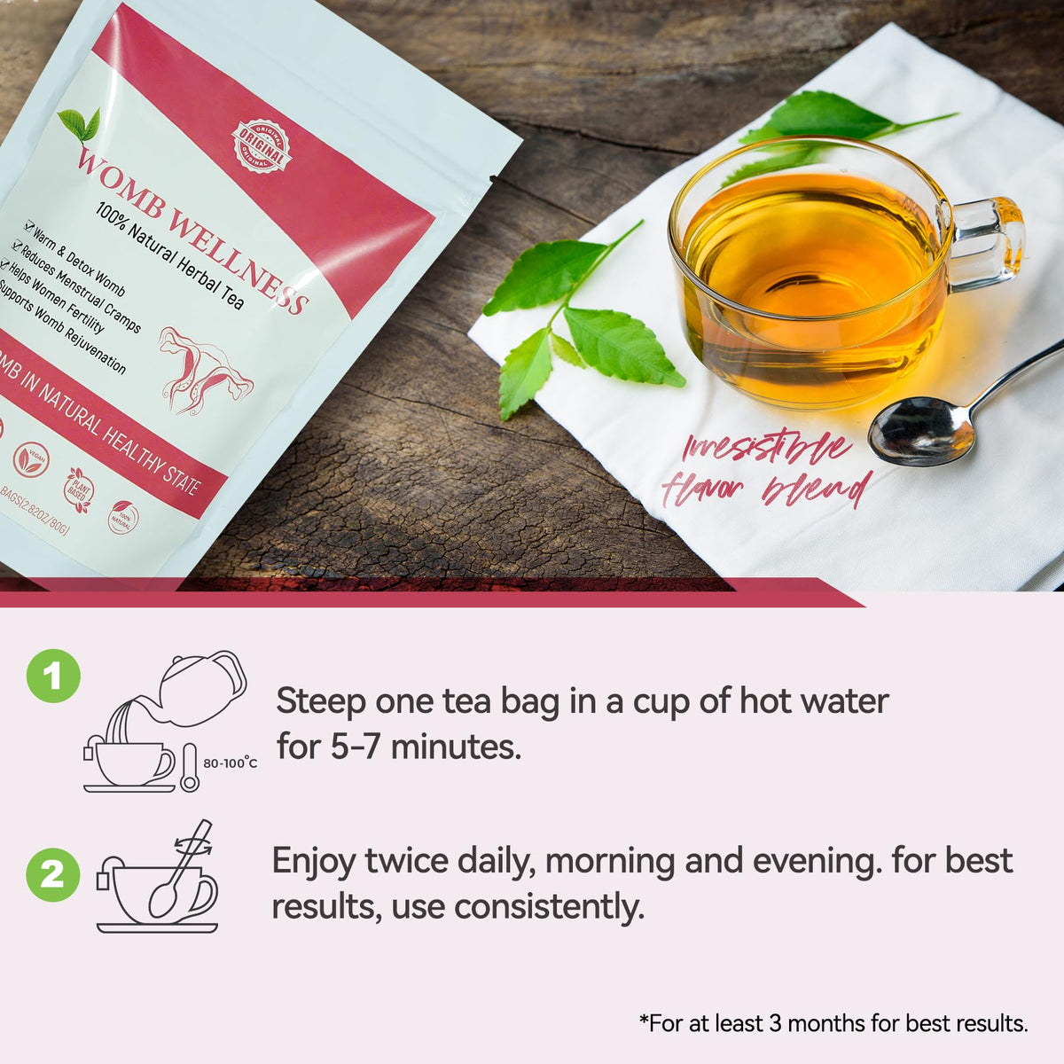 Laicuherb Fertility blend glass mug illustrating balanced hormones and comfort.