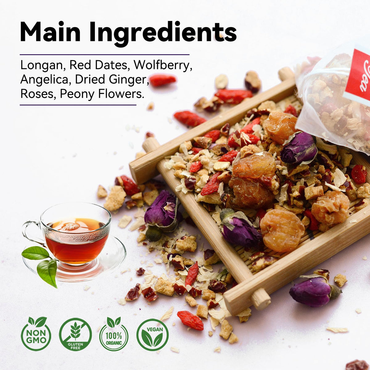 Laicuherb Herbal Tea steaming cup emphasizing anti-inflammatory roots like ginger.