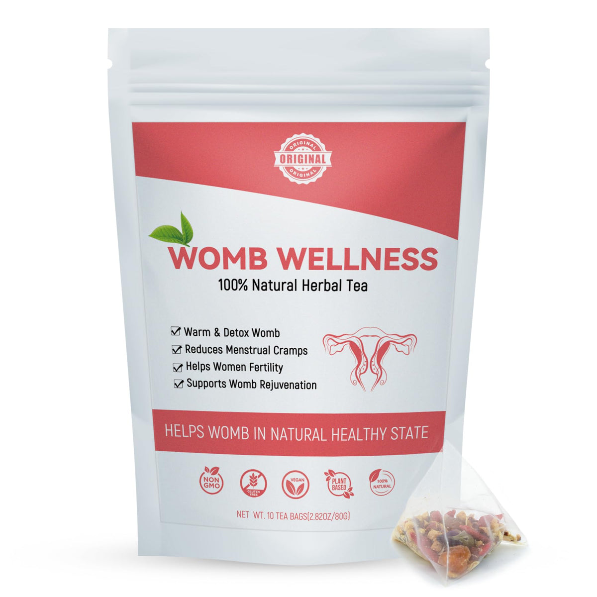 Laicuherb Natural Womb Fertility Tea packaging and ingredients showcase for hormonal balance.