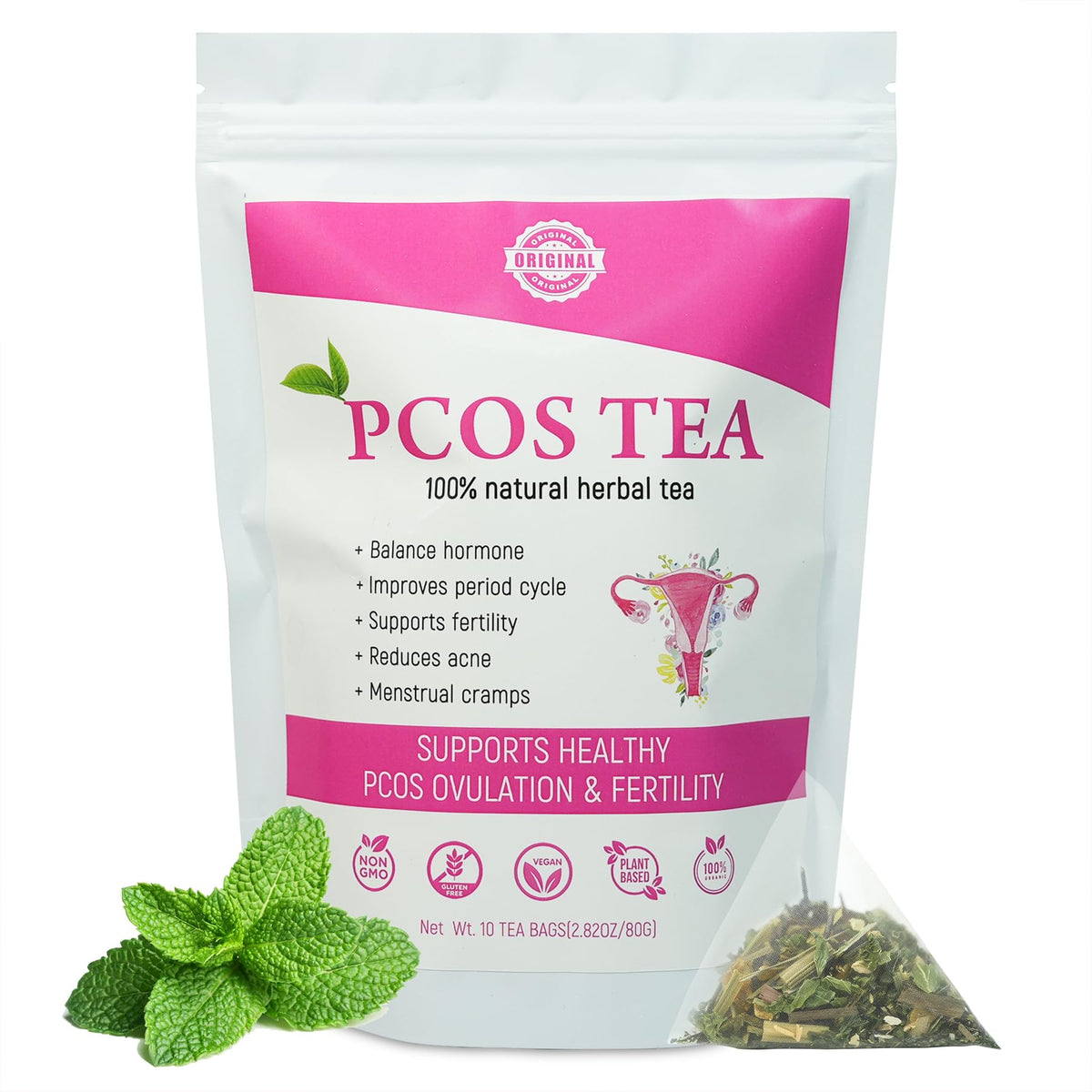 Laicuherb PCOS Spearmint Tea packaging promotes daily balance.