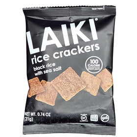 LAIKI Gluten Free Rice Crackers Black pack shot, vegan and low-sodium snack option.