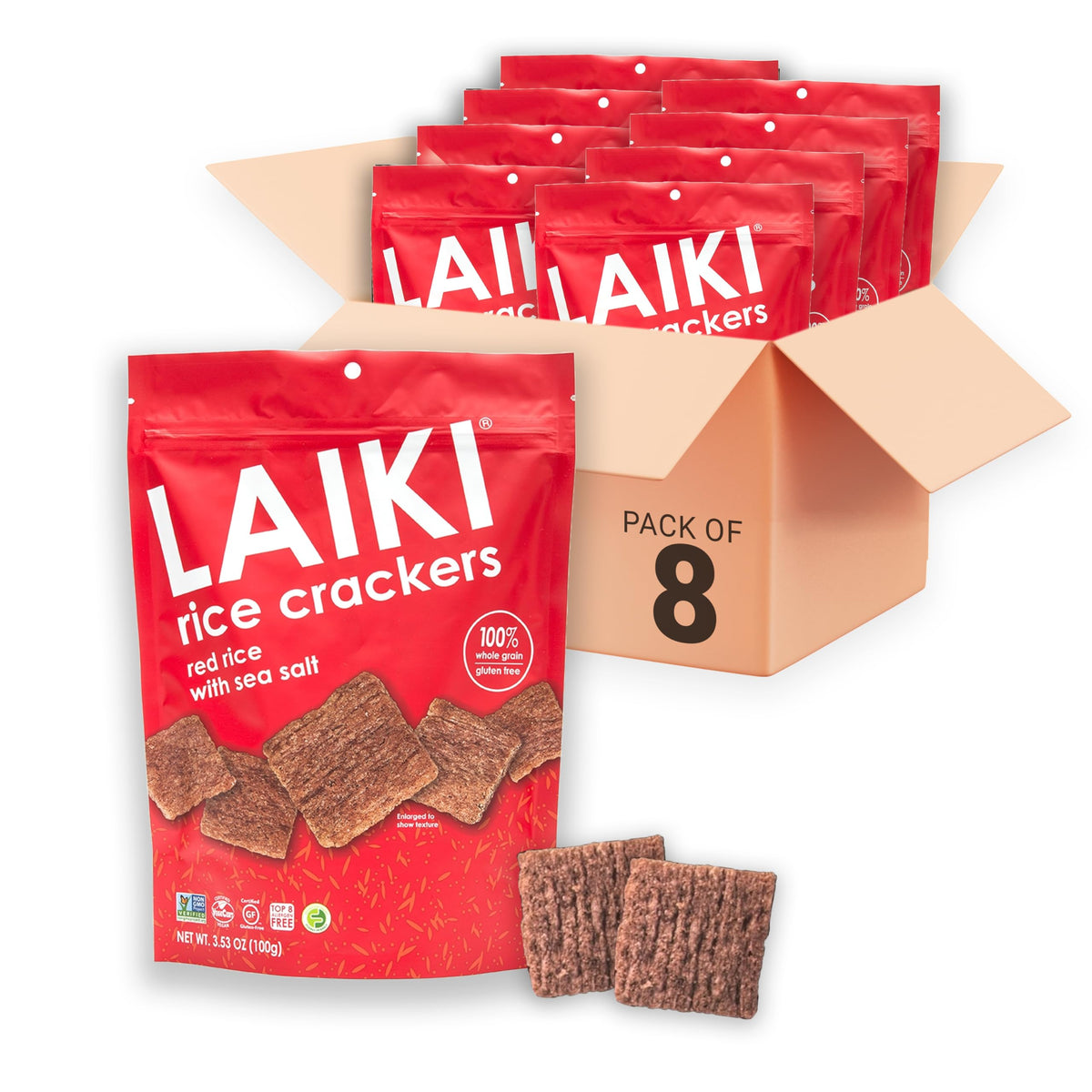 LAIKI Red Rice Crackers 8-pack on display, ready to snack, gluten-free option