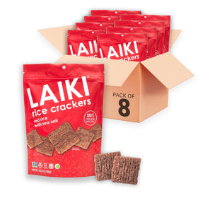 LAIKI Red Rice Crackers 8-pack on display, ready to snack, gluten-free option