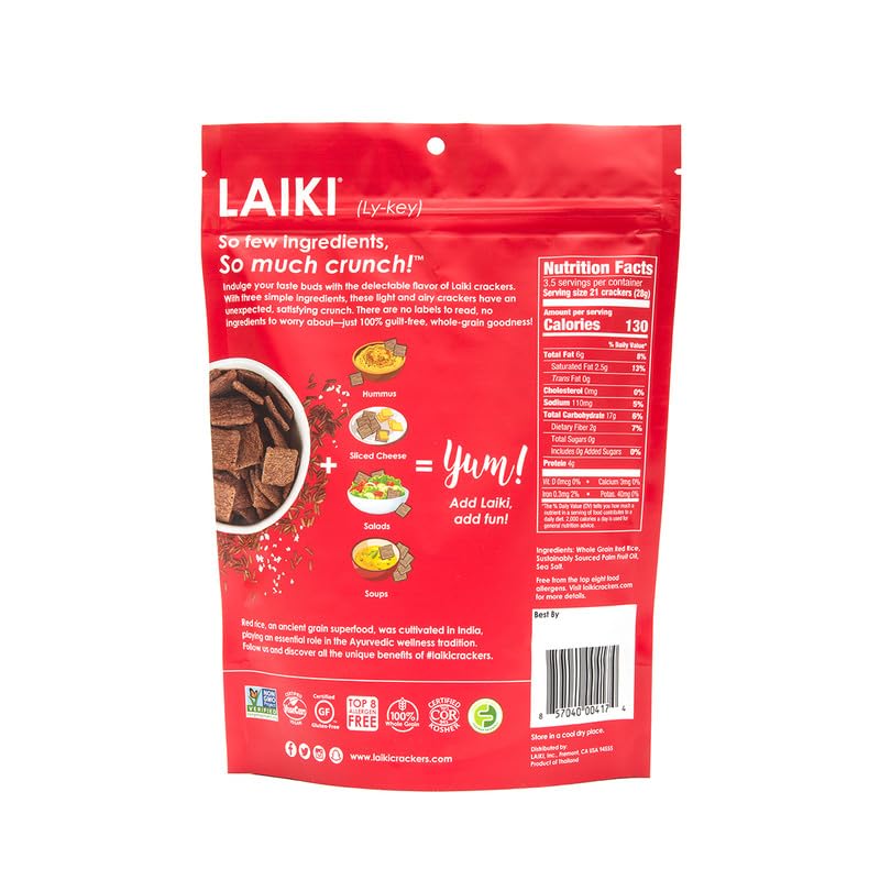 Close-up of LAIKI Red Rice Crackers showing airy texture and crisp bite