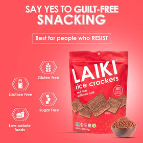 Ingredient panel of LAIKI Red Rice Crackers showing three-ingredient formula