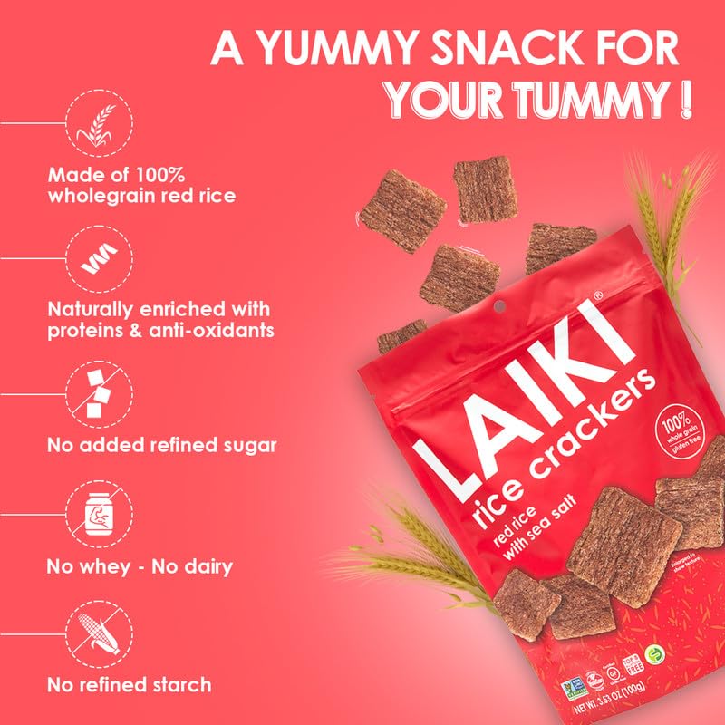 LAIKI Red Rice Crackers with sea salt highlight texture and crunch