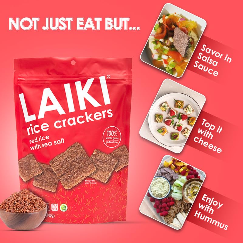 VEGAN and Non-GMO verified LAIKI Red Rice Crackers packaging