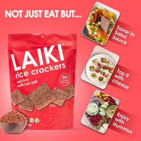 VEGAN and Non-GMO verified LAIKI Red Rice Crackers packaging