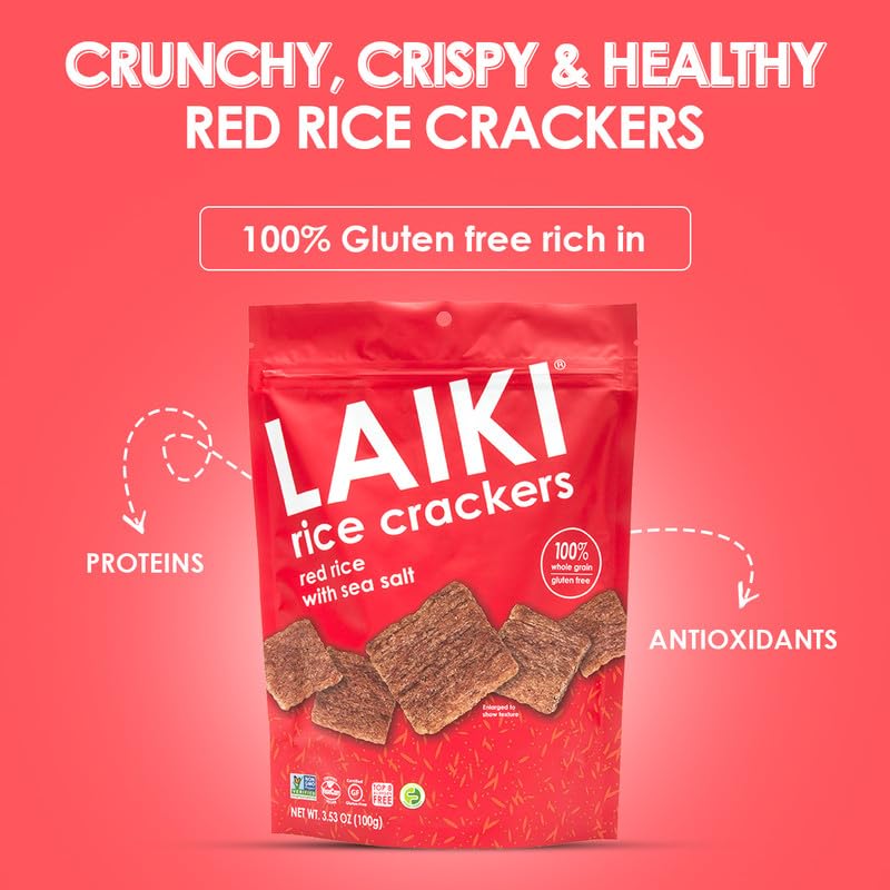 LAIKI Red Rice Crackers served with dips for appetizer spread