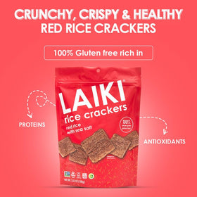 LAIKI Red Rice Crackers served with dips for appetizer spread