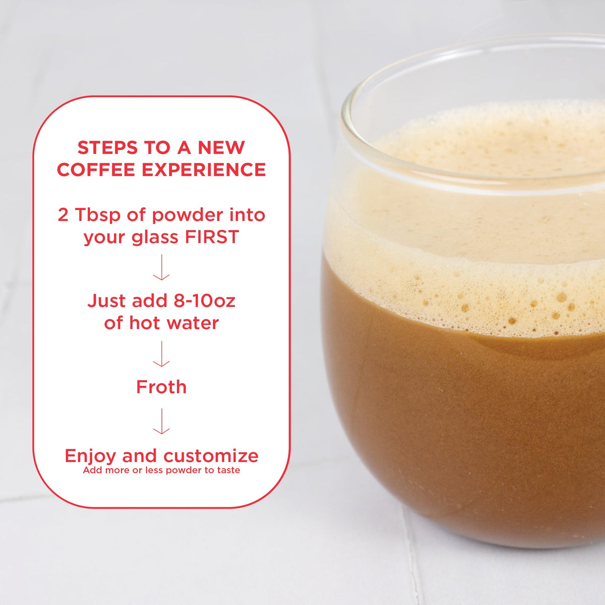 Instruction card showing 4 tablespoons per 12 oz water.