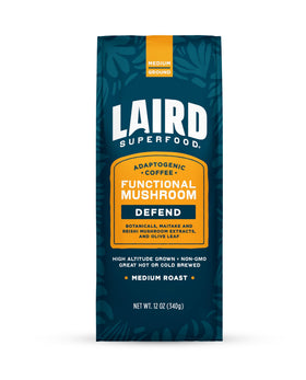 Laird Superfood Boost Coffee bag shows the medium roast blend for a balanced morning ritual.