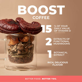 Laird Superfood Boost Coffee cup: creamy texture and satisfying aftertaste with functional ingredients.