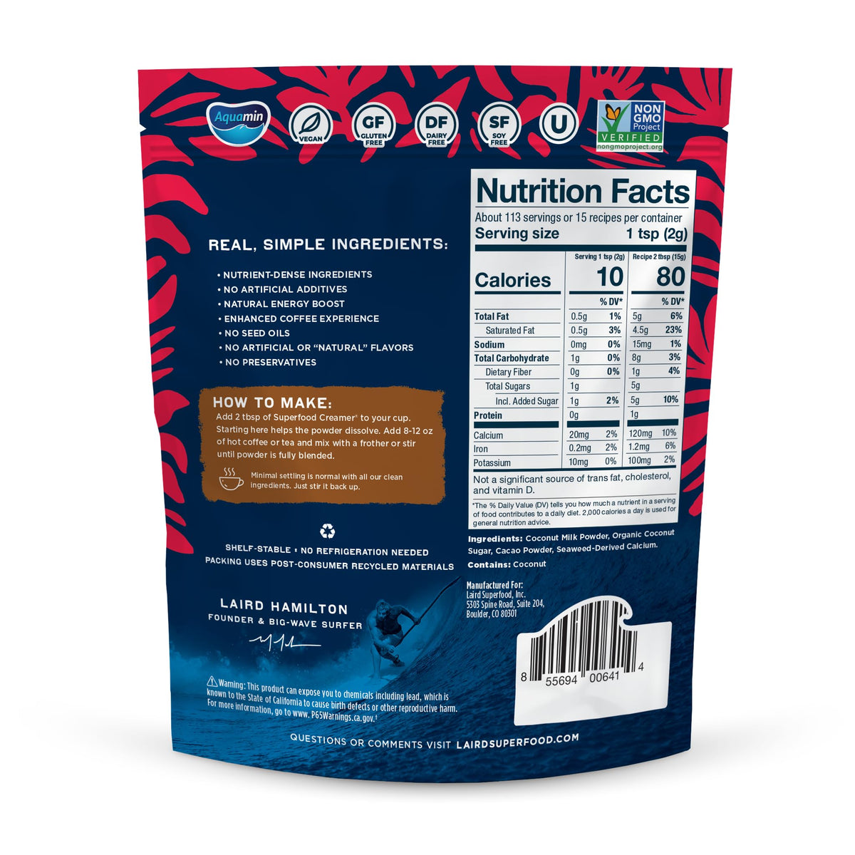 Laird Superfood cacao creamer scoop adds mocha flavor and smooth texture.