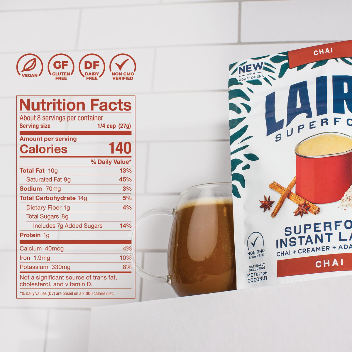 Laird Superfood Chai Instant Latte froth closeup highlighting creamy coconut creamer.