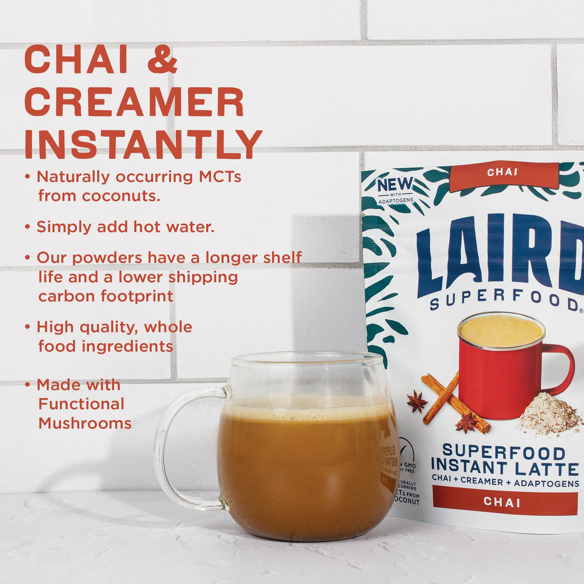 Laird Superfood Chai Instant Latte ingredients display with organic spices and coconut sugar.