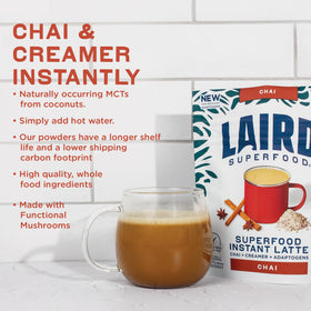 Laird Superfood Chai Instant Latte ingredients display with organic spices and coconut sugar.