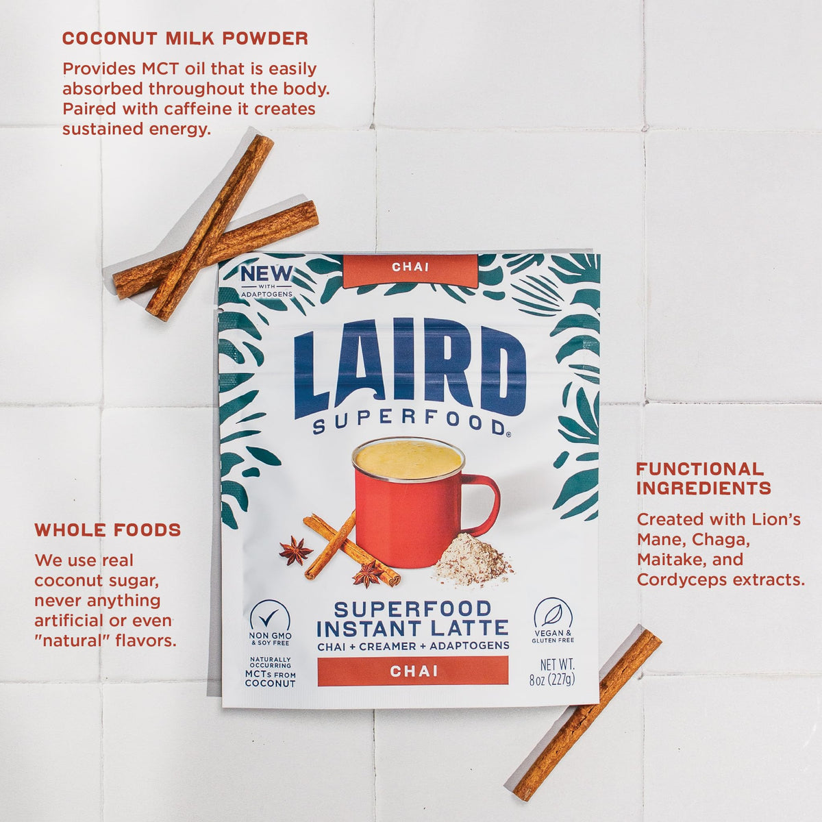 Laird Superfood Chai Instant Latte packaging emphasizing vegan, gluten-free formula.