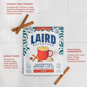 Laird Superfood Chai Instant Latte packaging emphasizing vegan, gluten-free formula.