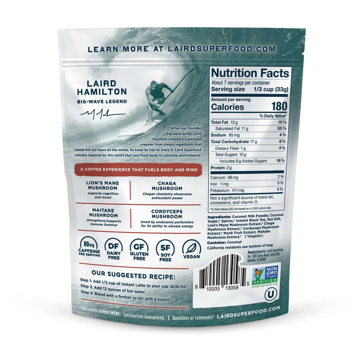 Laird Superfood Chai Instant Latte scoop measuring powder for easy prep.