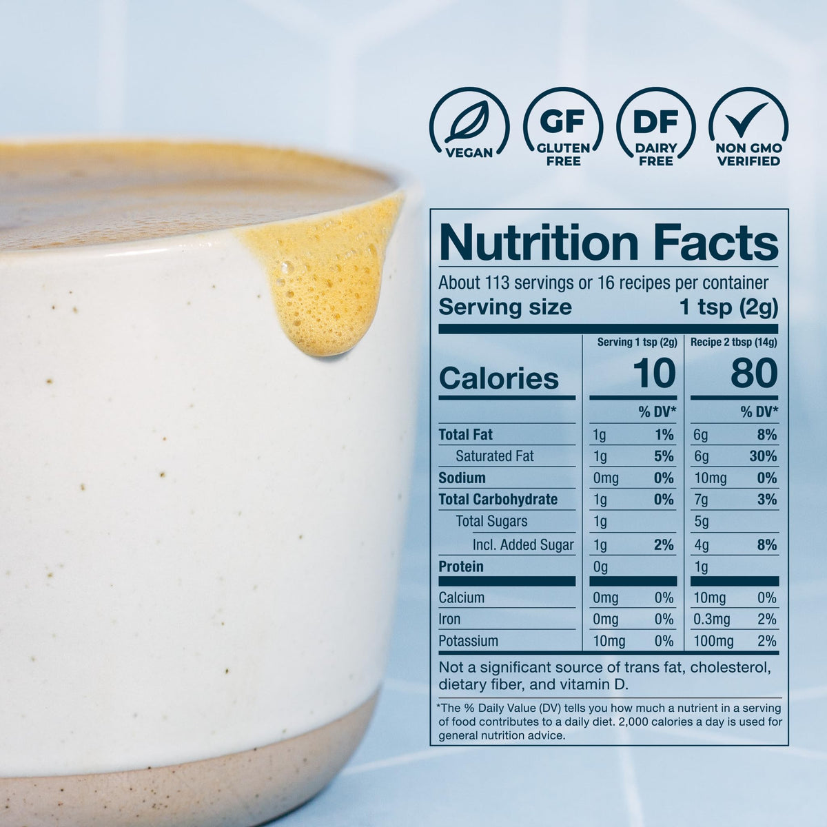 Measuring scoop added to cup for quick, dairy-free creaminess.