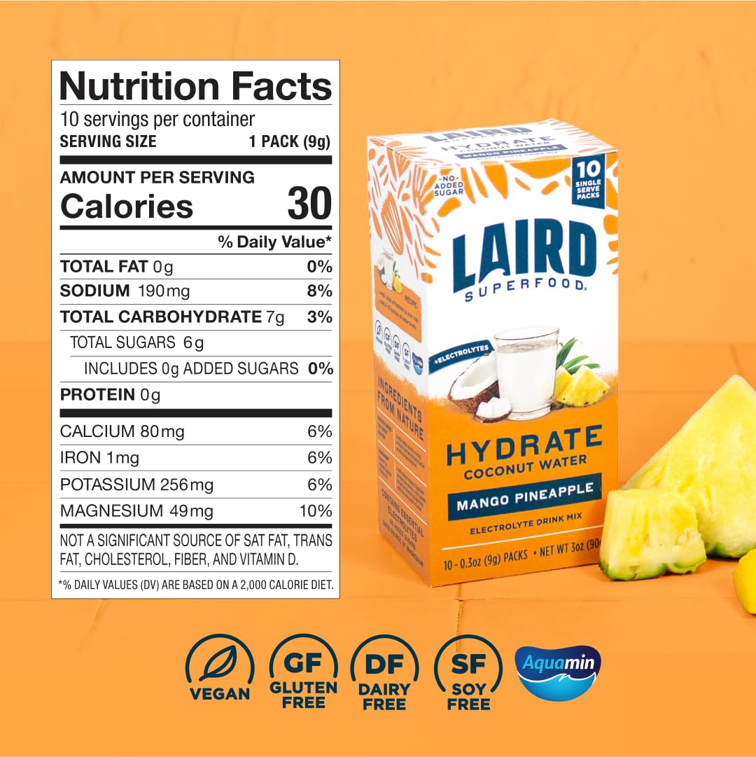 Laird Superfood coconut water ingredients and minerals highlighted.