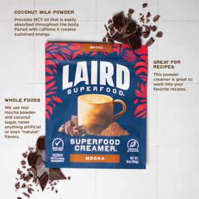 Laird Superfood mocha creamer pour creates a creamy cup with chocolate notes.