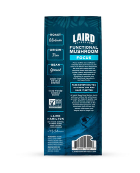 Close-up of Laird Superfood Focus Coffee label highlighting functional ingredients.
