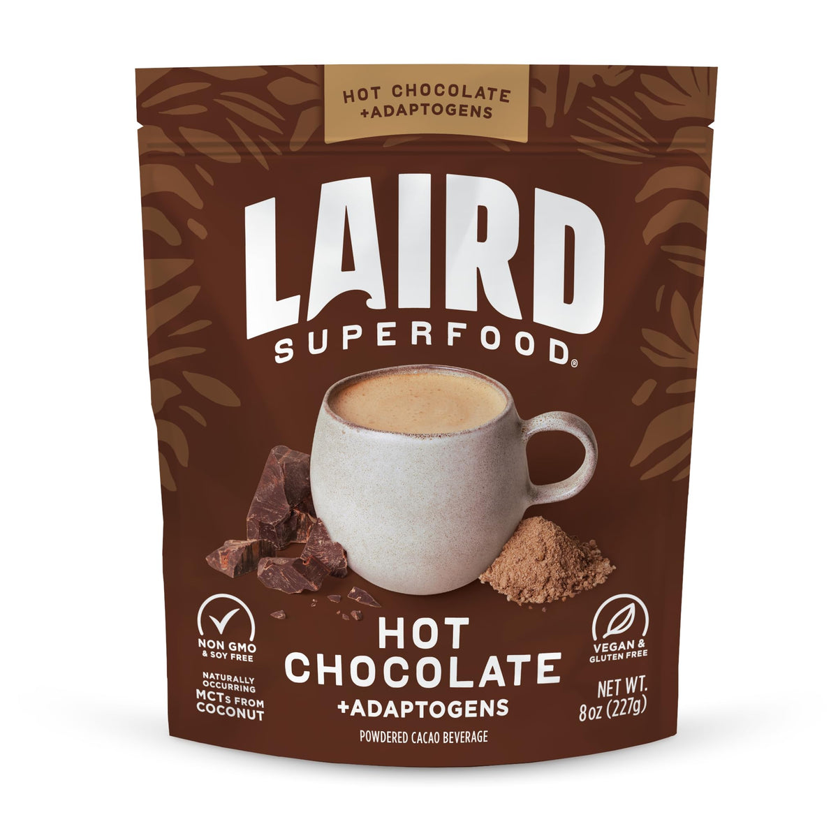 Packaged Laird Superfood Functional Mushrooms Hot Chocolate with organic ingredients and clean labeling.