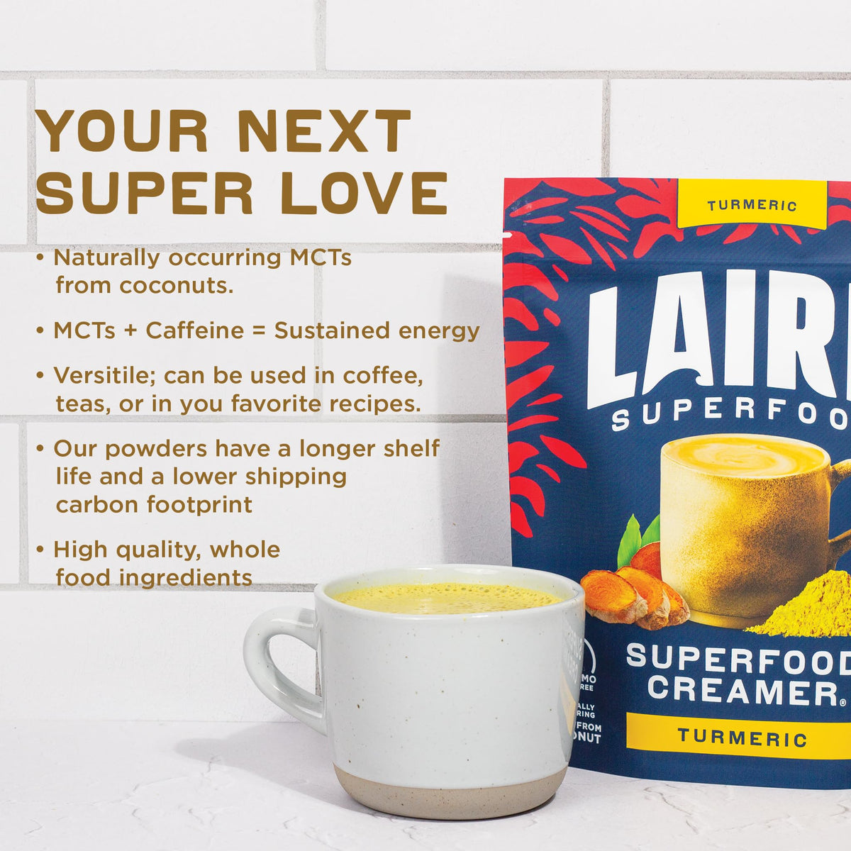 Laird Superfood gluten-free vegan non-GMO badge on packaging.