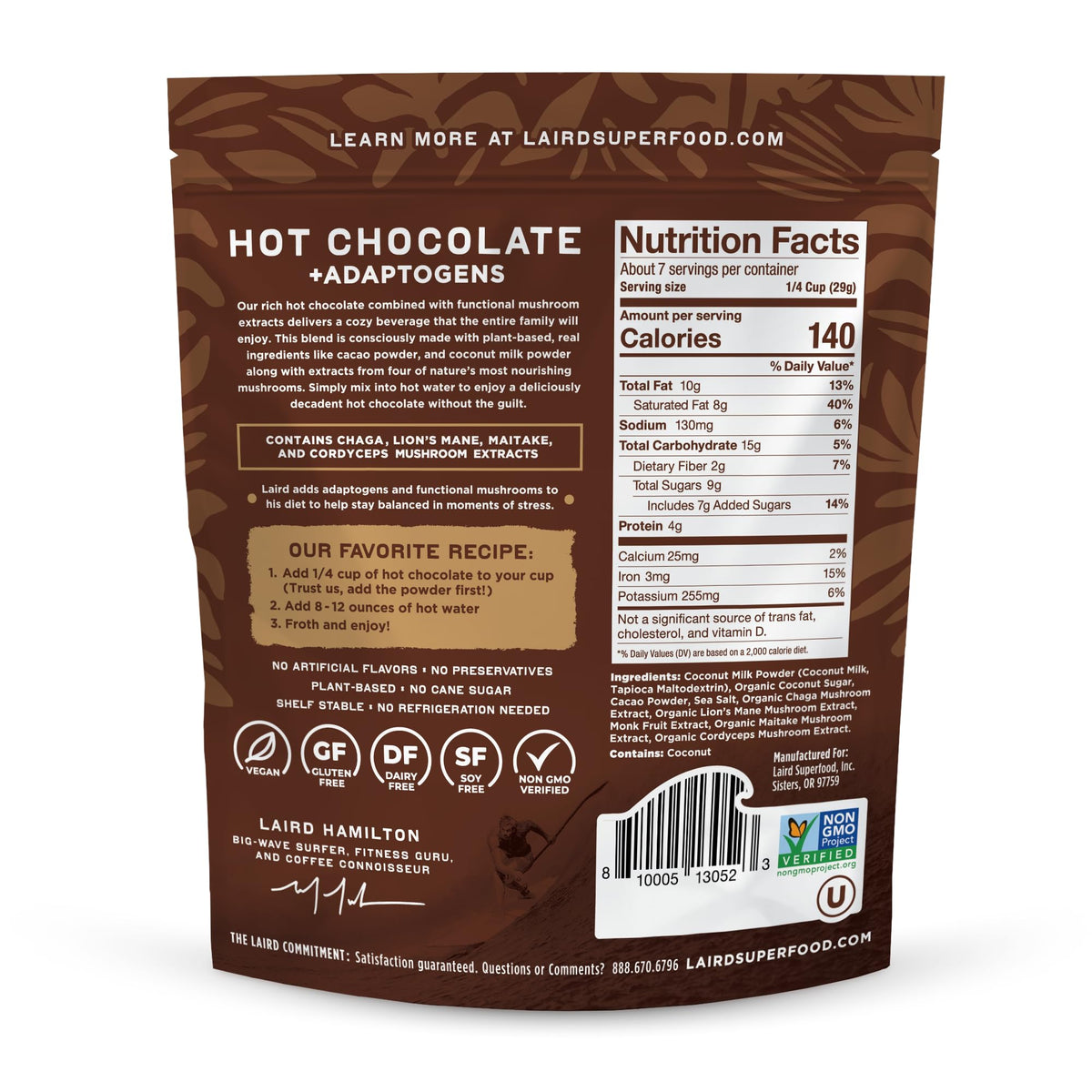 Laird Superfood hot chocolate cacao powder closeup emphasizes rich cacao and natural flavor.