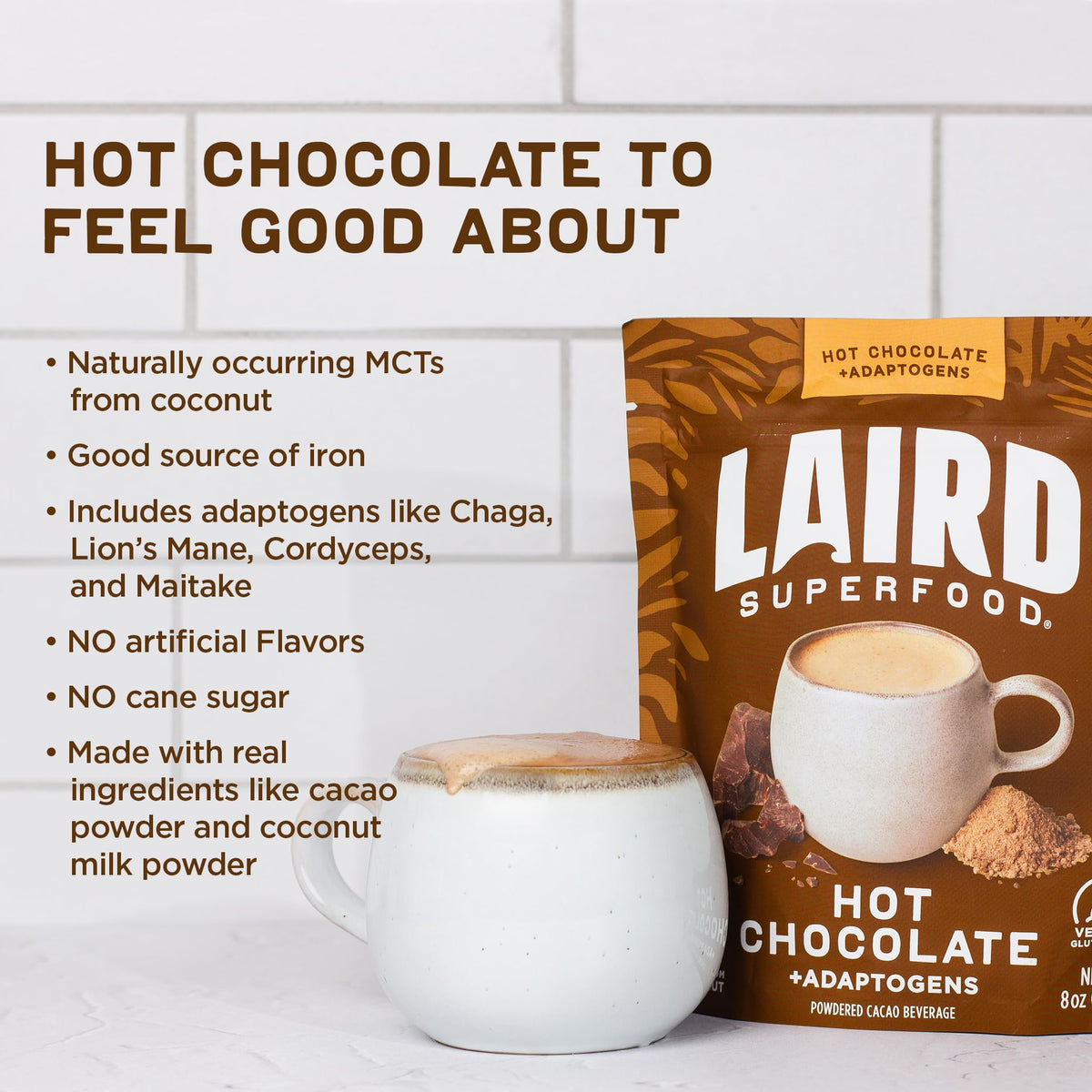 Laird Superfood hot chocolate dairy-free vegan badge underscores allergy-friendly option.